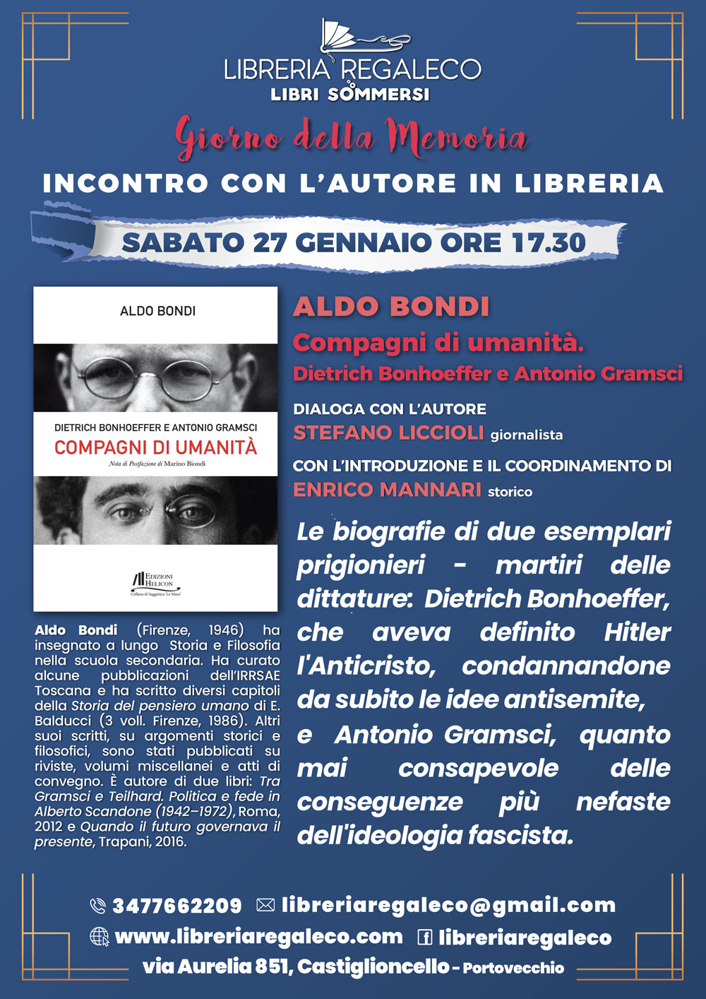 Giorno della Memoria – ALDO BONDI con Compagni di umanità. Dietrich Bonhoeffer e Antonio Gramsci