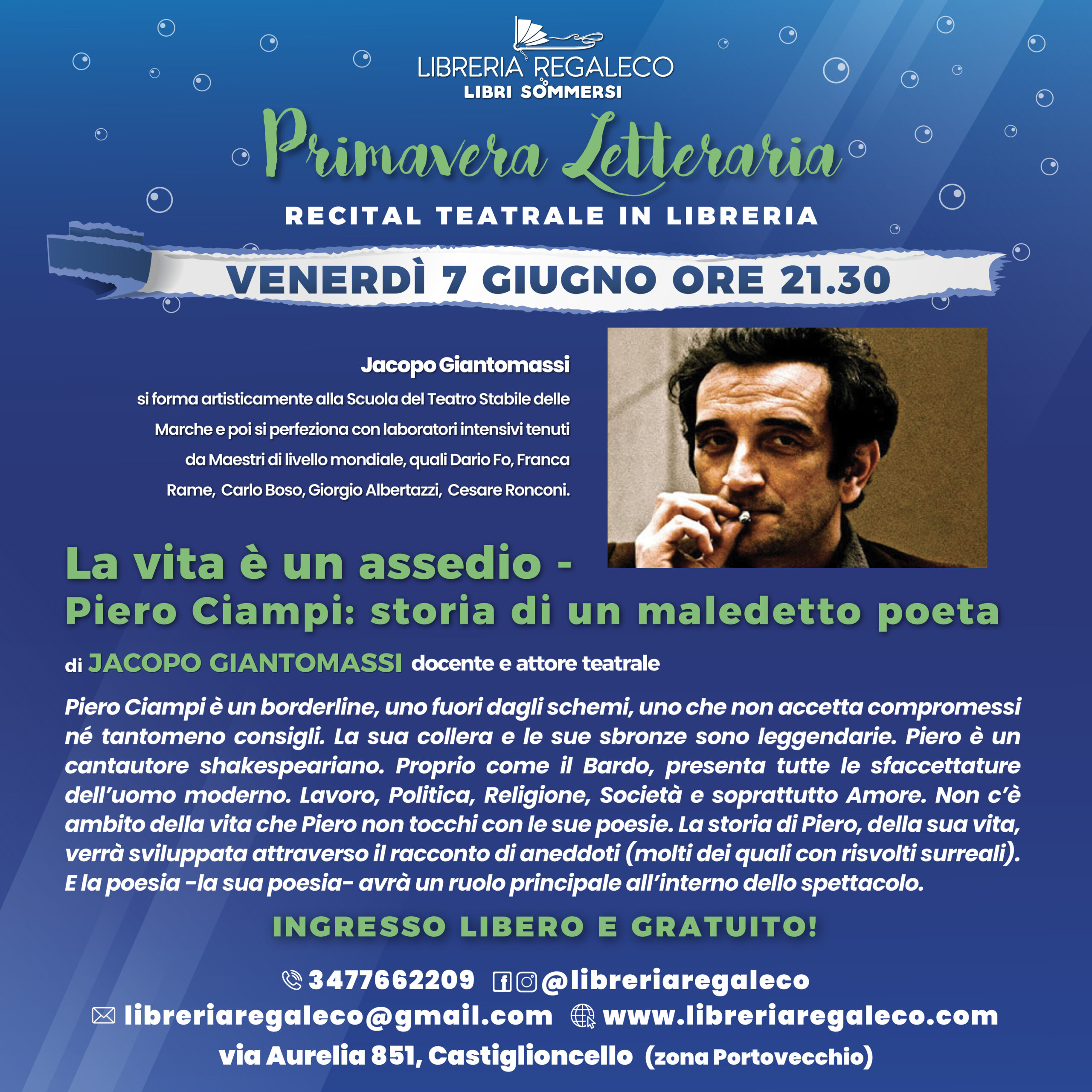 Primavera Letteraria – RECITAL TEATRALE “La vita è un assedio – Piero Ciampi: storia di un maledetto poeta”